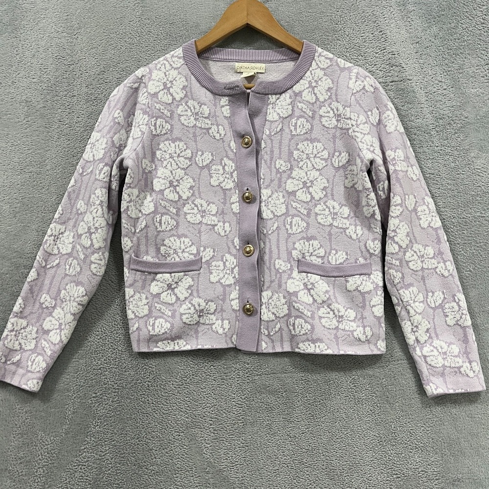 Cynthia Rowley Button-Down Cardigan Floral Knit Size Medium Gold buttons Lilac
